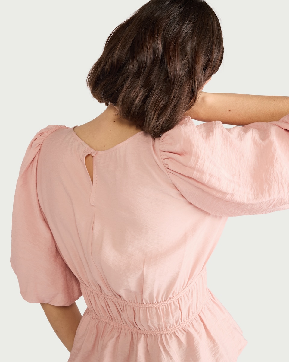 image 1 of F&F Shirred Puff Sleeve Blouse in Pink