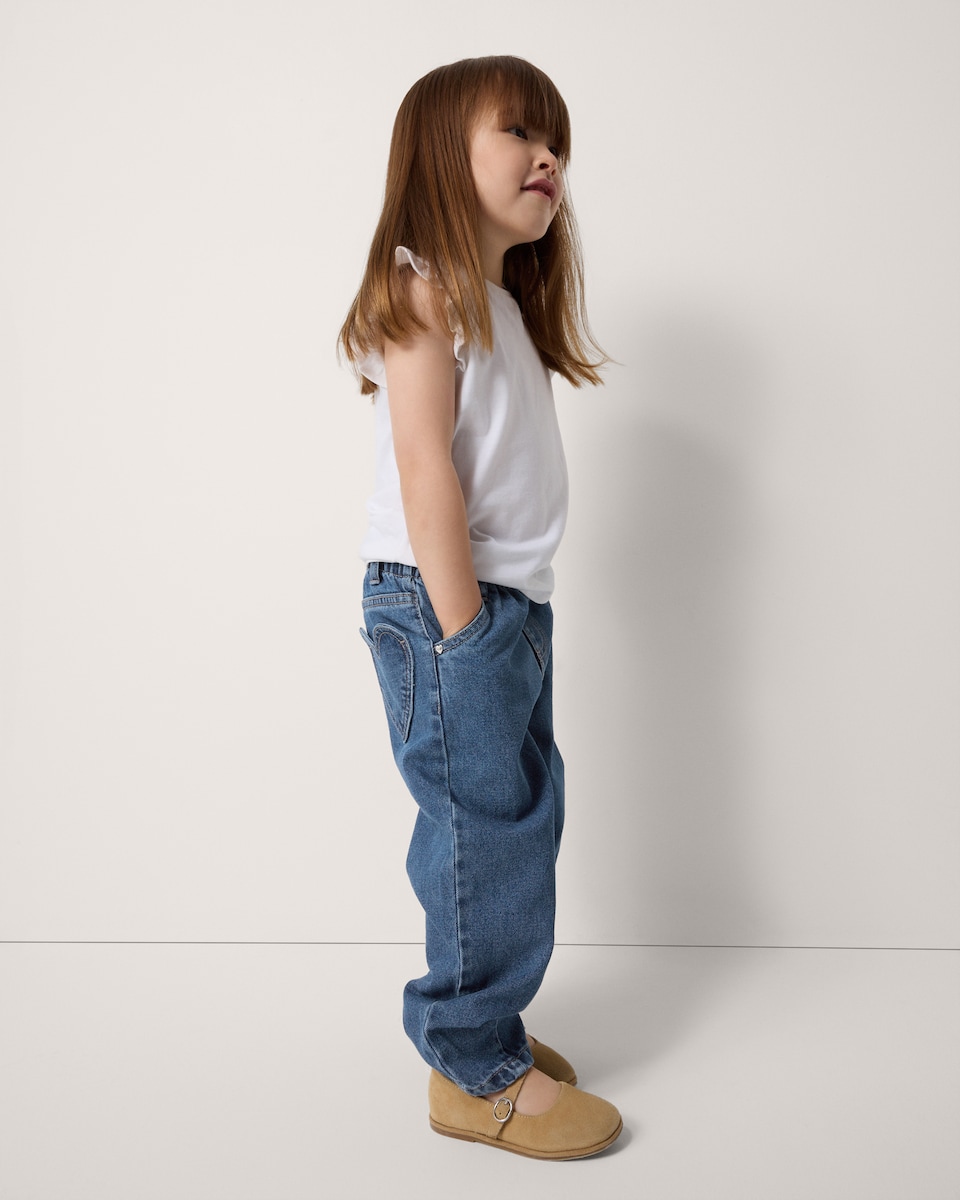 image 1 of F&F Girls Pure Cotton Barrel Leg Jeans in Blue