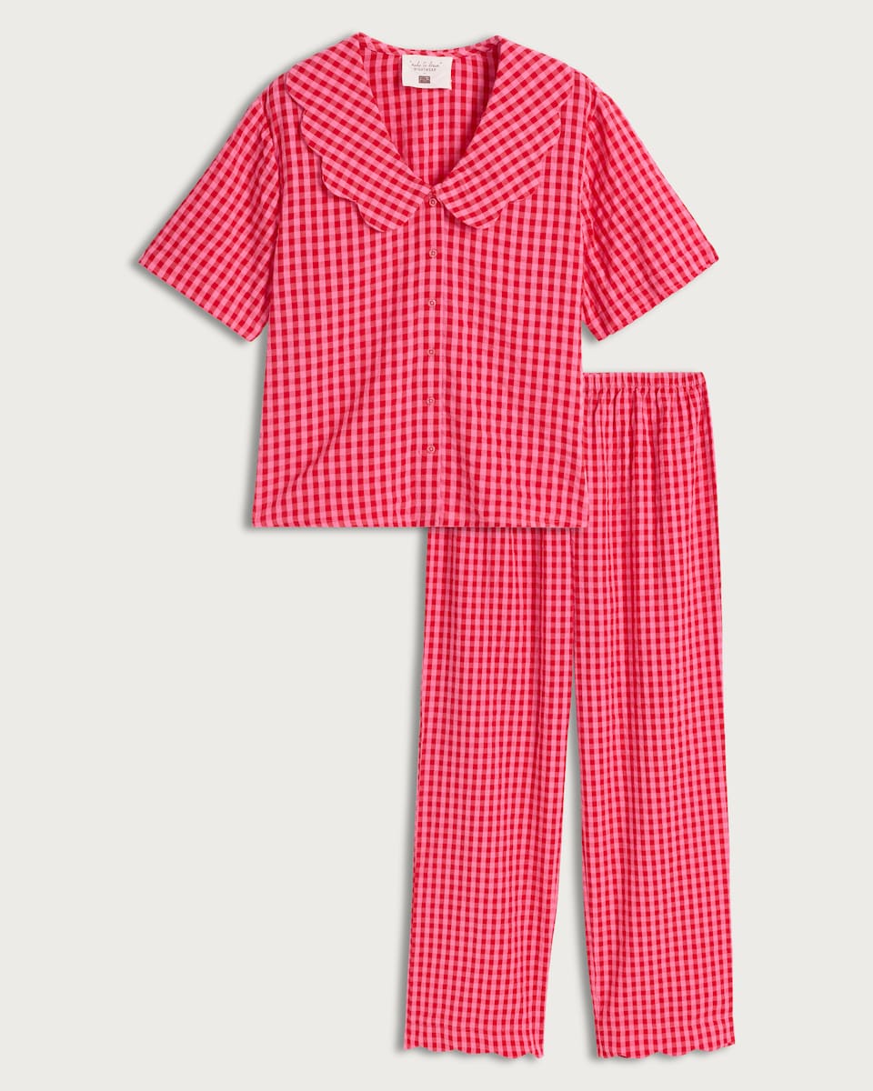 image 1 of F&F Pure Cotton Gingham Pyjama Set in Multi Pink