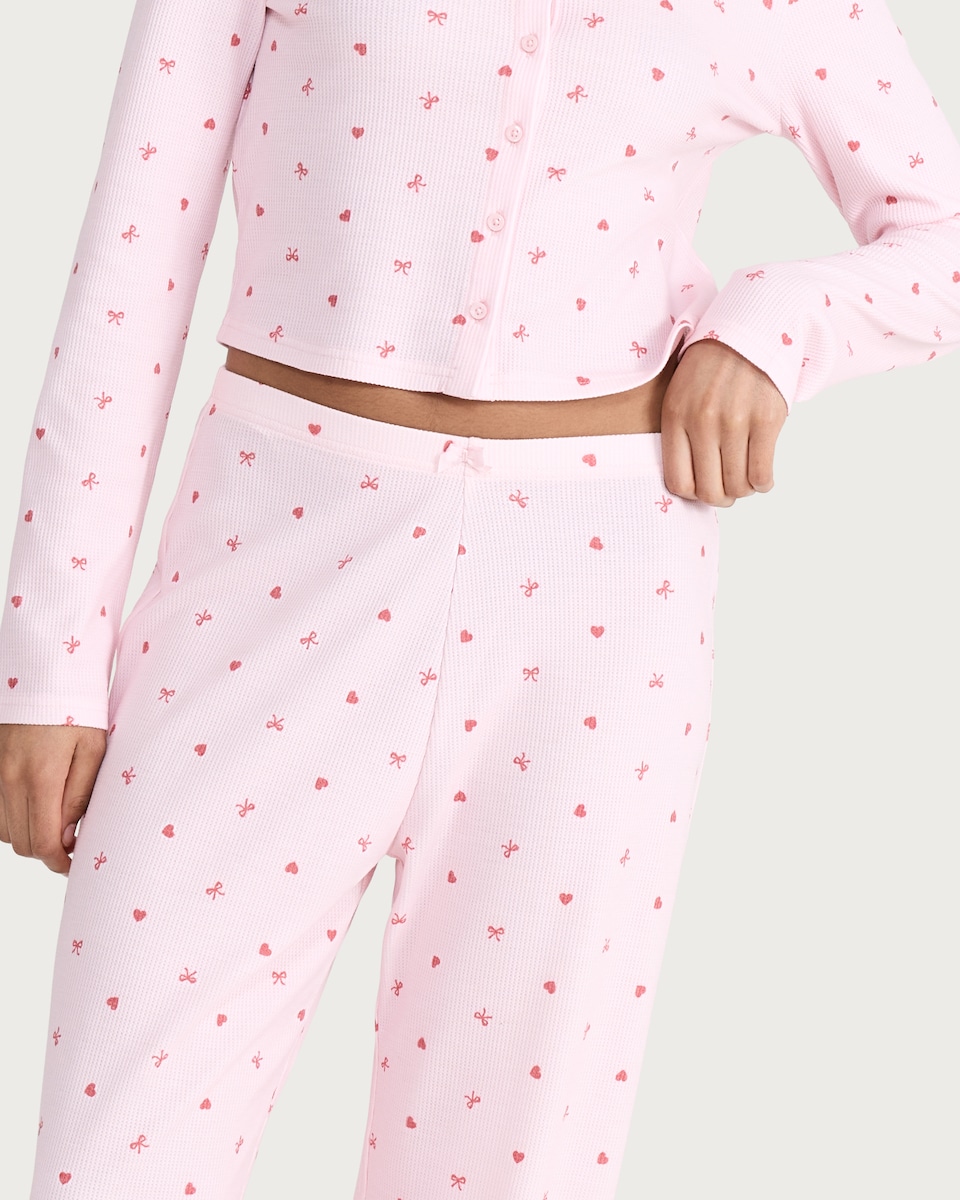 image 1 of OH ME OH MY Ribbed Heart Bow Print Pyjama Bottoms in Pink