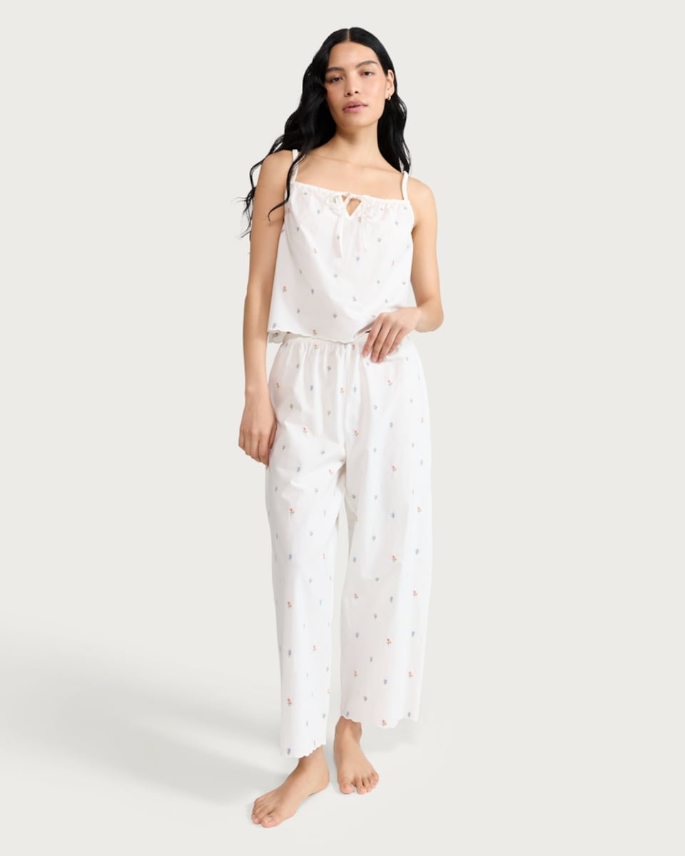 image 1 of The F&F Edit Pure Cotton Floral Embroidered Camisole Pyjama Top in White