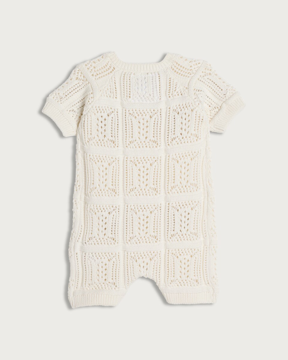 image 1 of F&F Baby Pure Cotton Knitted Bear Pattern Short Sleeved Romper in White