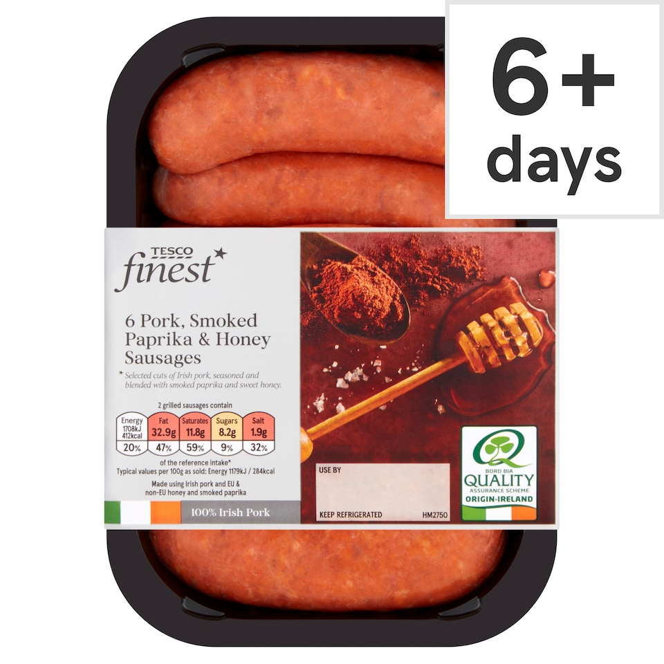 Tesco Finest* 6 Irish Smoked Paprika And Honey Sausages 454G
