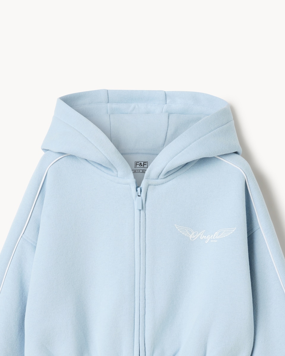 image 1 of F&F Girls Cotton Rich Angel Zip Up Hoodie in Blue