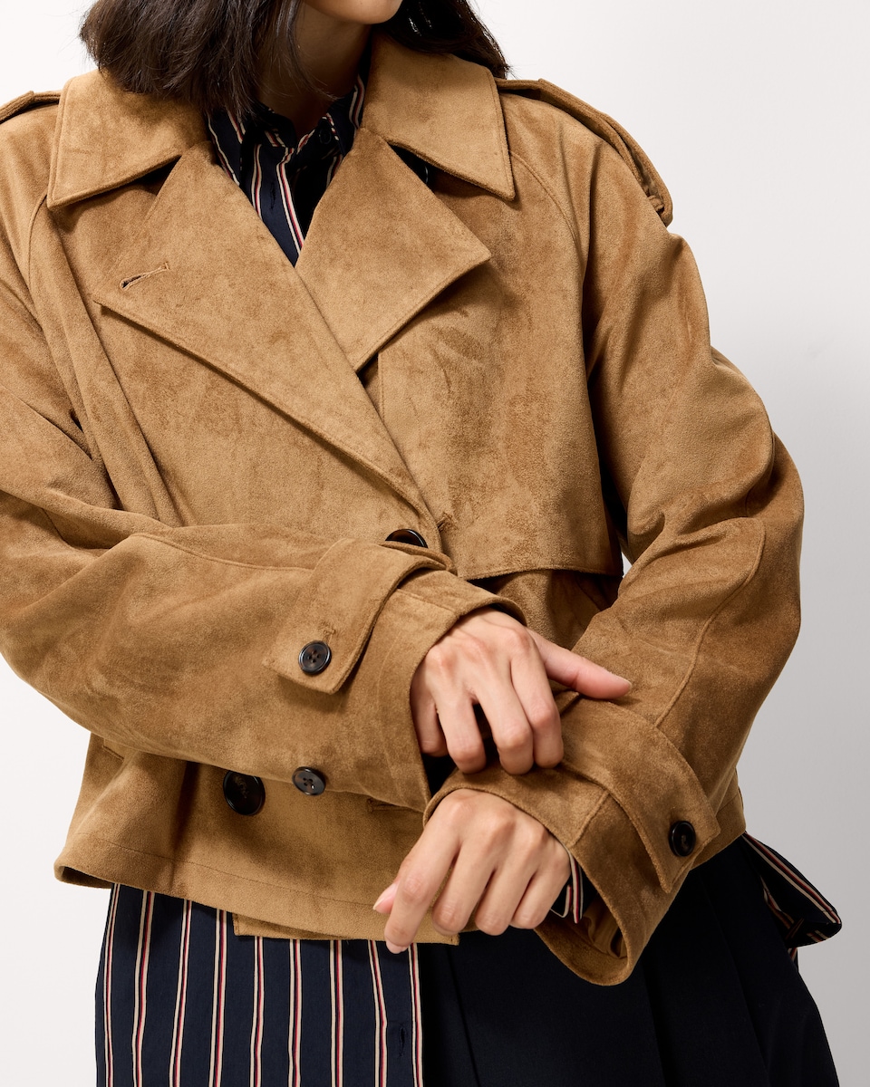 image 1 of F&F Faux Suede Cropped Trench Jacket in Med Nude