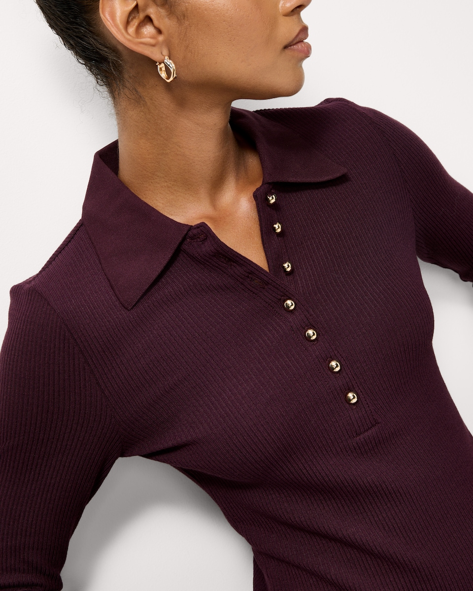 image 1 of F&F Ribbed Collared Top in Purple