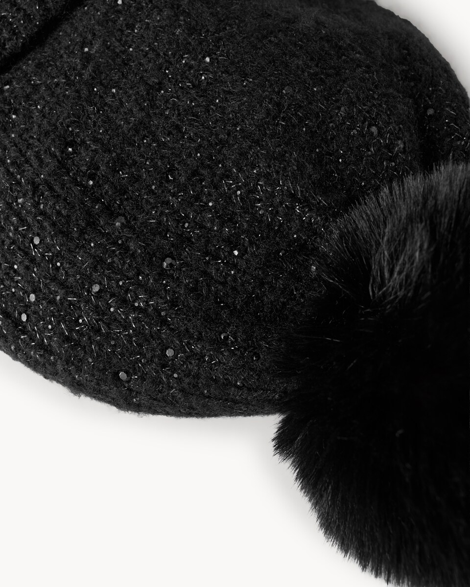 image 1 of F&F Glitter Pom Pom Beanie Hat in Black