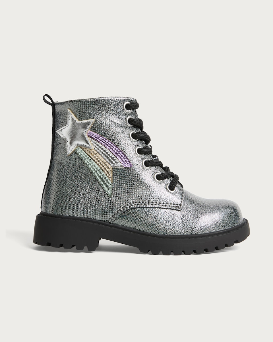 image 1 of F&F Girls Metallic Lace Up Ankle Boots in Multi