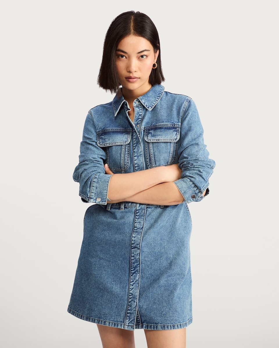 image 1 of F&F Pure Cotton Denim Utility Mini Dress in Blue