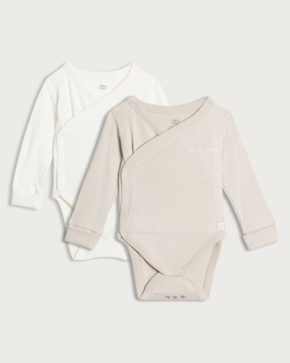 image 1 of F&F Baby 2-Pack Cotton Rich Little Love Wrap Long Sleeved Bodysuits in White