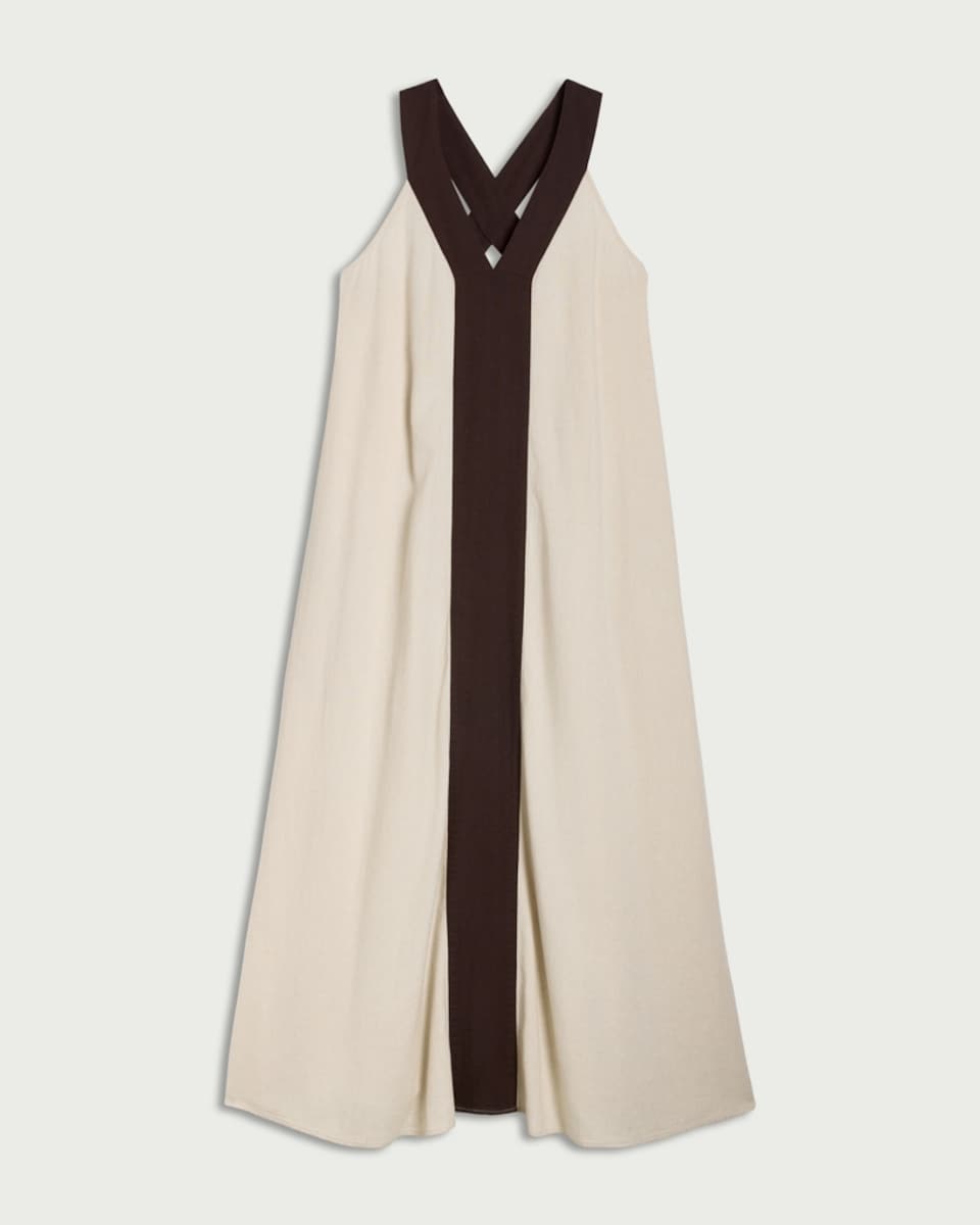 image 1 of F&F Contrast Panel Sleeveless Maxi Dress with Linen in Neutral