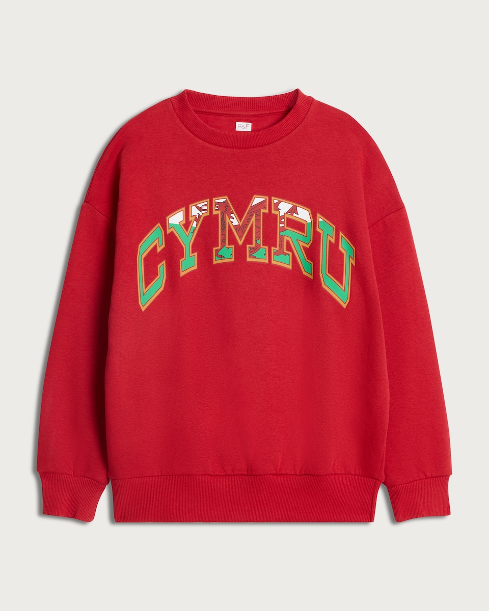 image 1 of F&F Boys Cotton Rich Cymru Print Oversized Fit Sweatshirt in Red