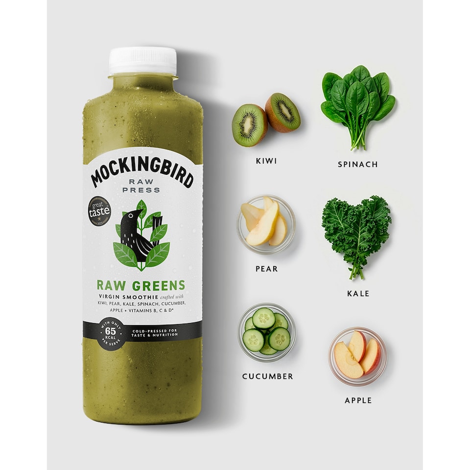 image 1 of Mockingbird Raw Greens, Kiwi, Spinach, Pear, Banana Smoothie with Vitamins 750ml