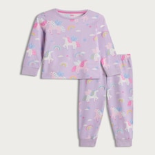 F&F Girls Pure Cotton Unicorn Print Top and Bottoms Pyjamas in Lilac