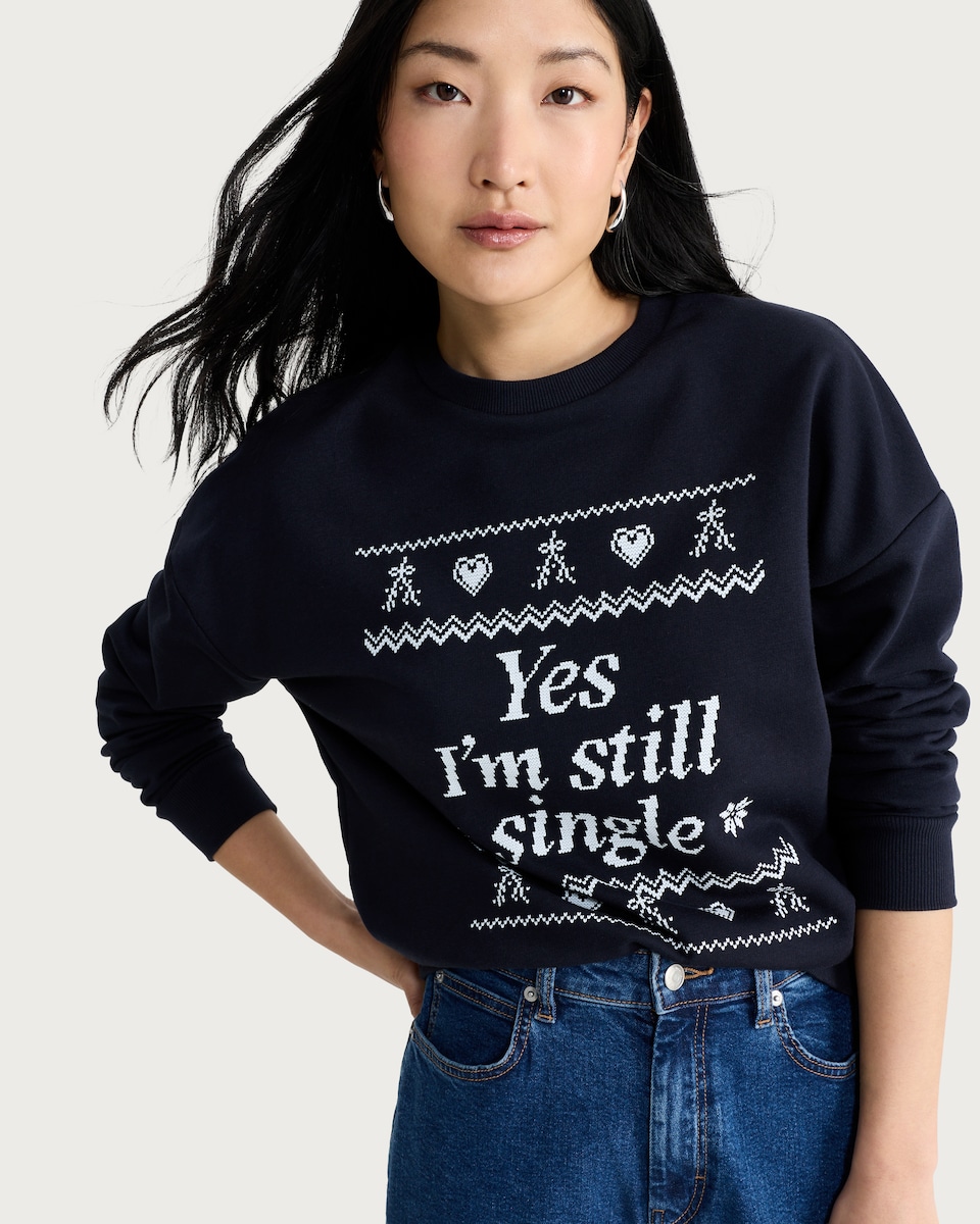 image 1 of F&F Cotton Rich Yes I'm Still Single Slogan Christmas Sweatshirt in Navy