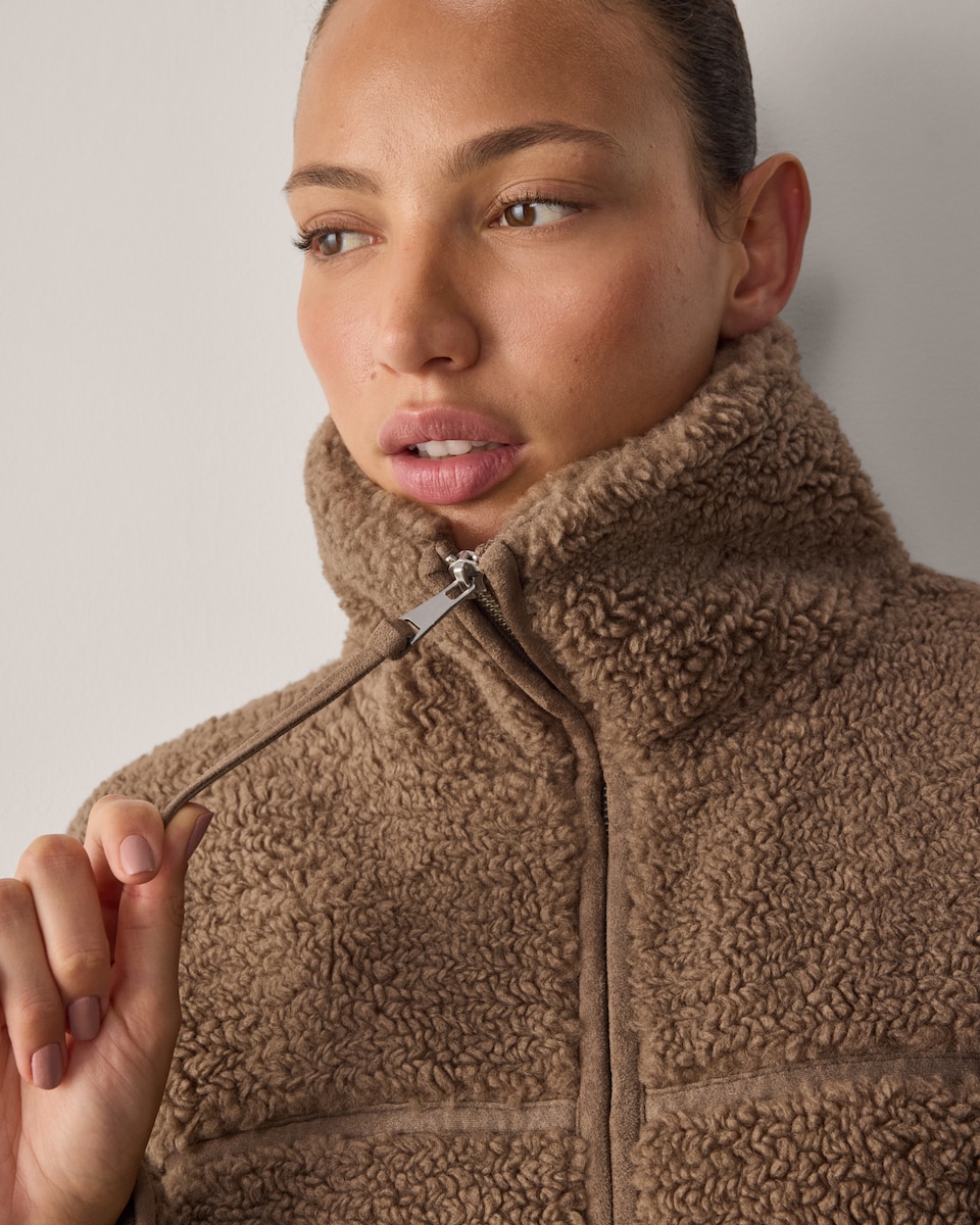 image 1 of F&F Active OUTDOOR Borg Textured Zip Up Jacket in Neutral