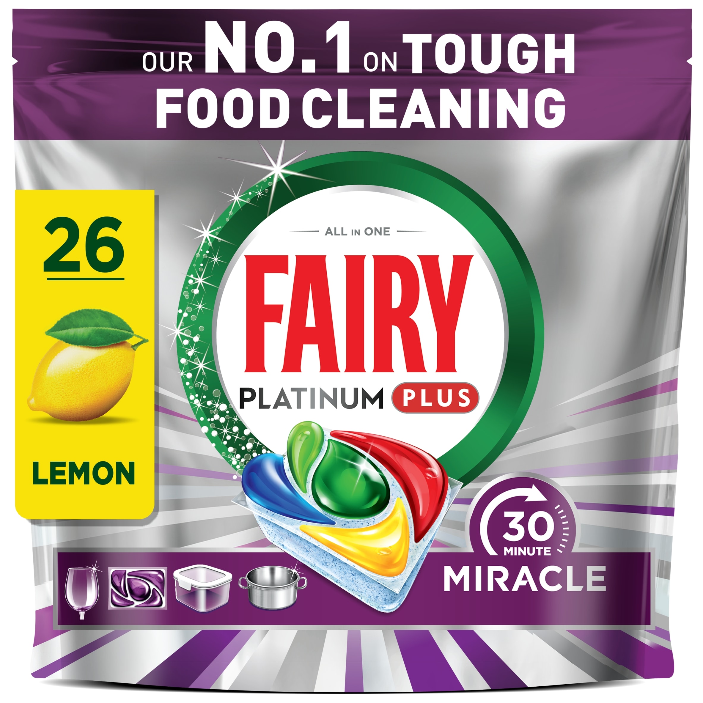 Fairy Platinum Plus 30 Minute Miracle Lemon 26 Dishwasher Tablets 428g
