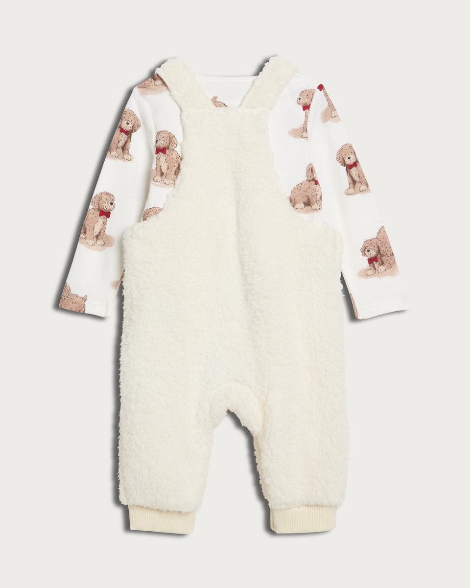 image 1 of F&F Curtis The Dog Baby 2-Piece Fleece Dungarees and Bodysuit Set in White