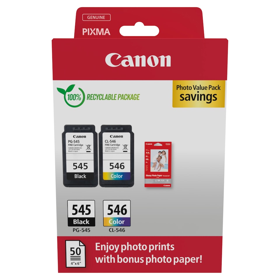 Canon PG545/CL546 Black & Colour Standard Ink Cartridge + Photo Paper 50Pk