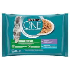 PURINA ONE INDOOR kapsičky s tuňákem a zelenými fazolkami, s telecím a mrkví ve šťávě 4 x 85g