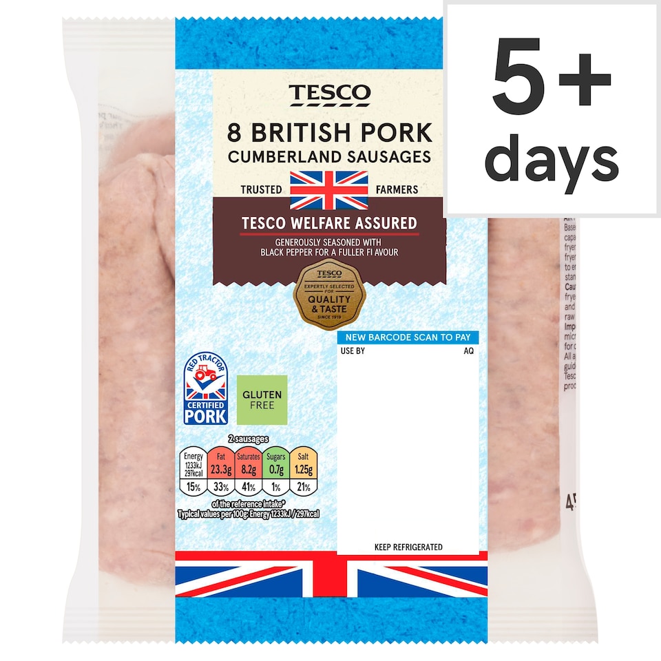 Tesco British Cumberland Sausages 8 Pack 454G