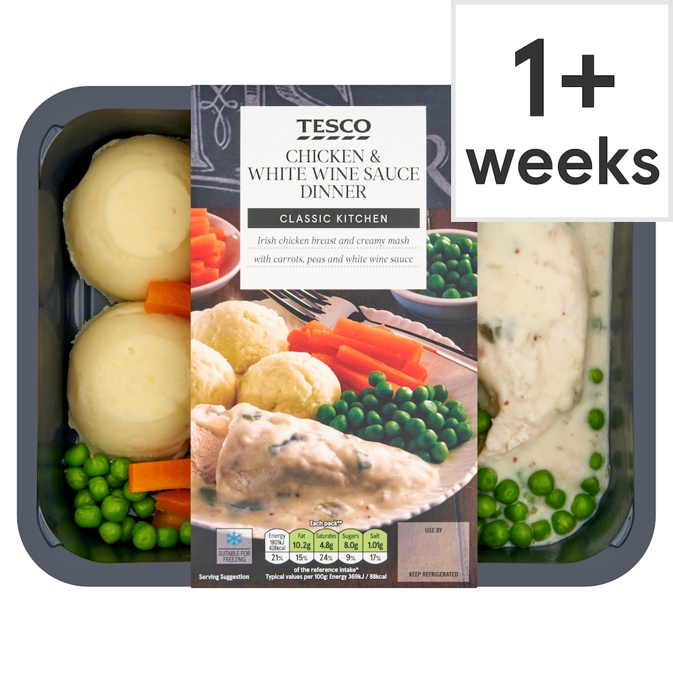 TESCO CLASSICS CHICKEN & WHITE WINE SAUCE DINNER 500G