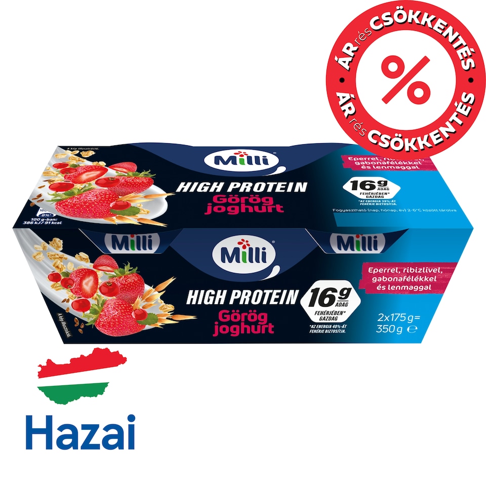 Milli High Protein görög joghurt eperrel, ribizlivel, gabonafélékkel és lenmaggal 2 x 175 g (350 g)