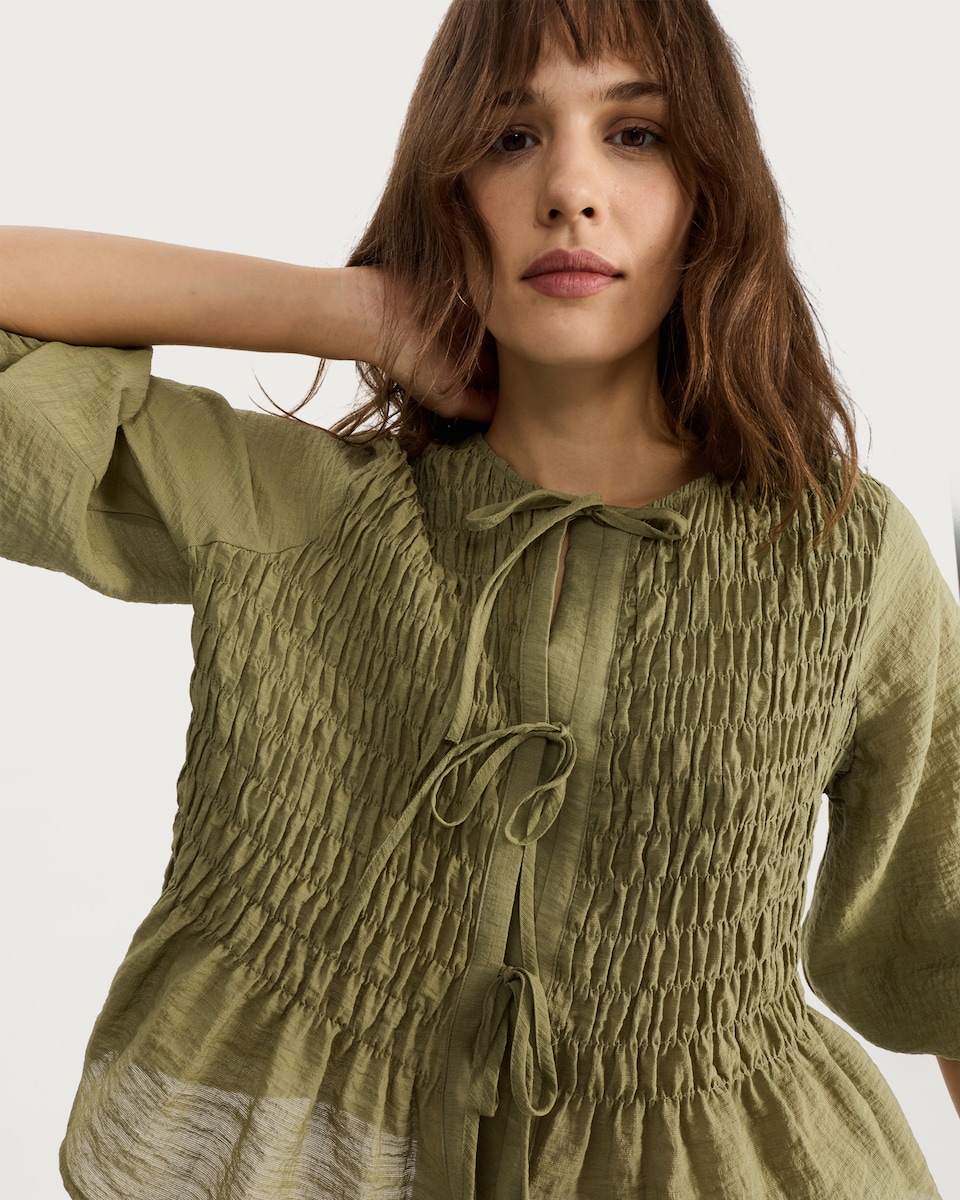 image 1 of F&F Textured Smocked Tie-Front Blouse in Khaki