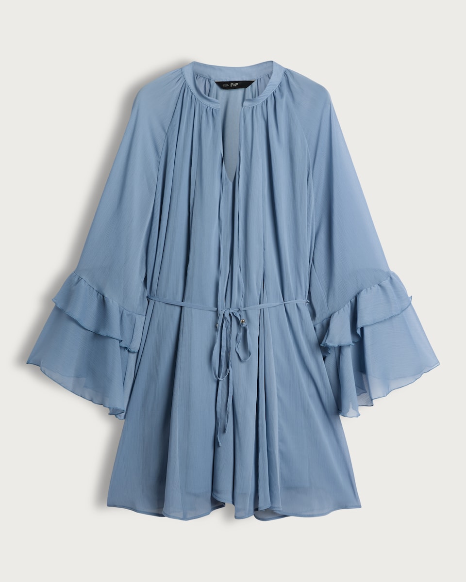 image 1 of F&F Tiered Sleeve Tie Waist Mini Dress in Blue