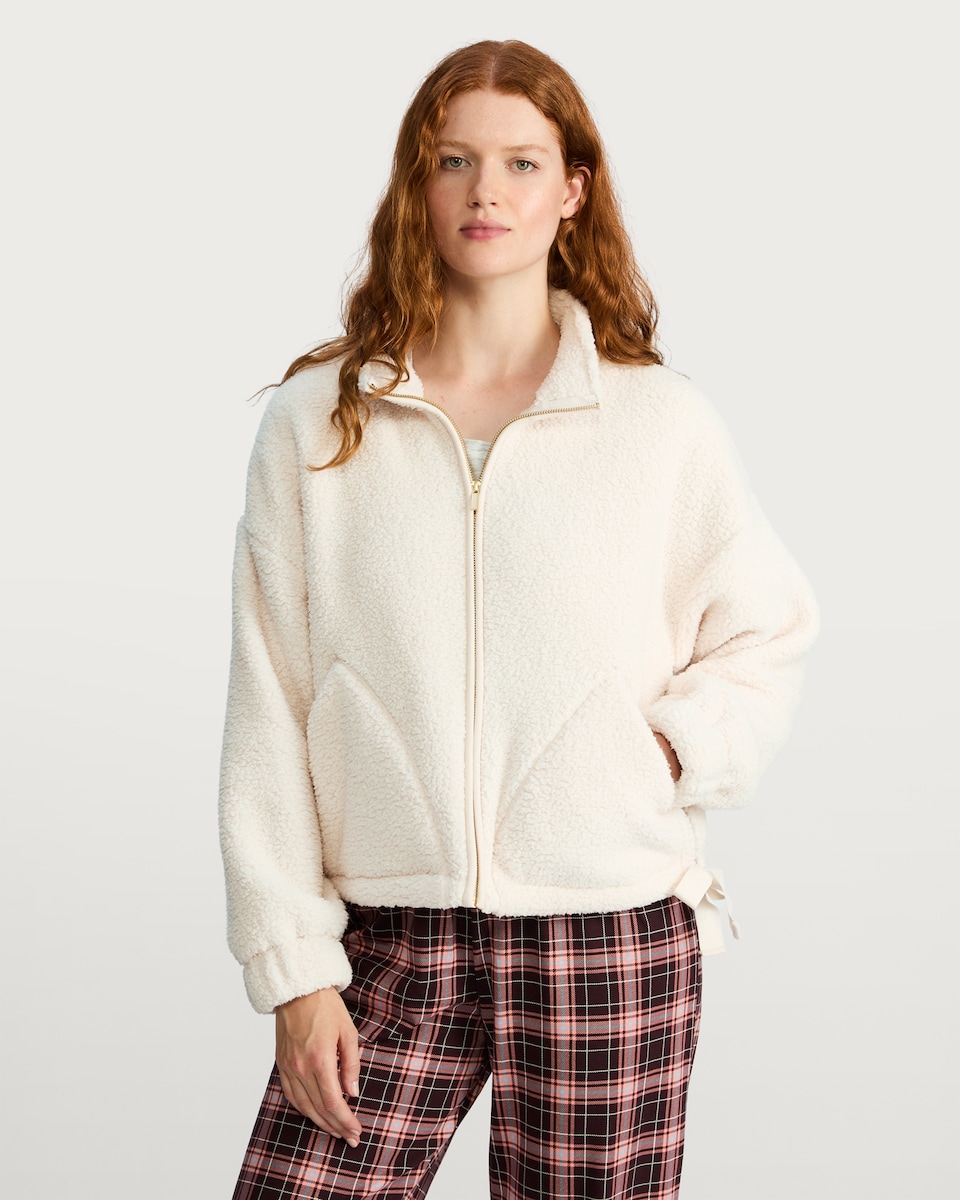 image 1 of F&F Textured Fleece Zip Up Pyjama Top in Cream