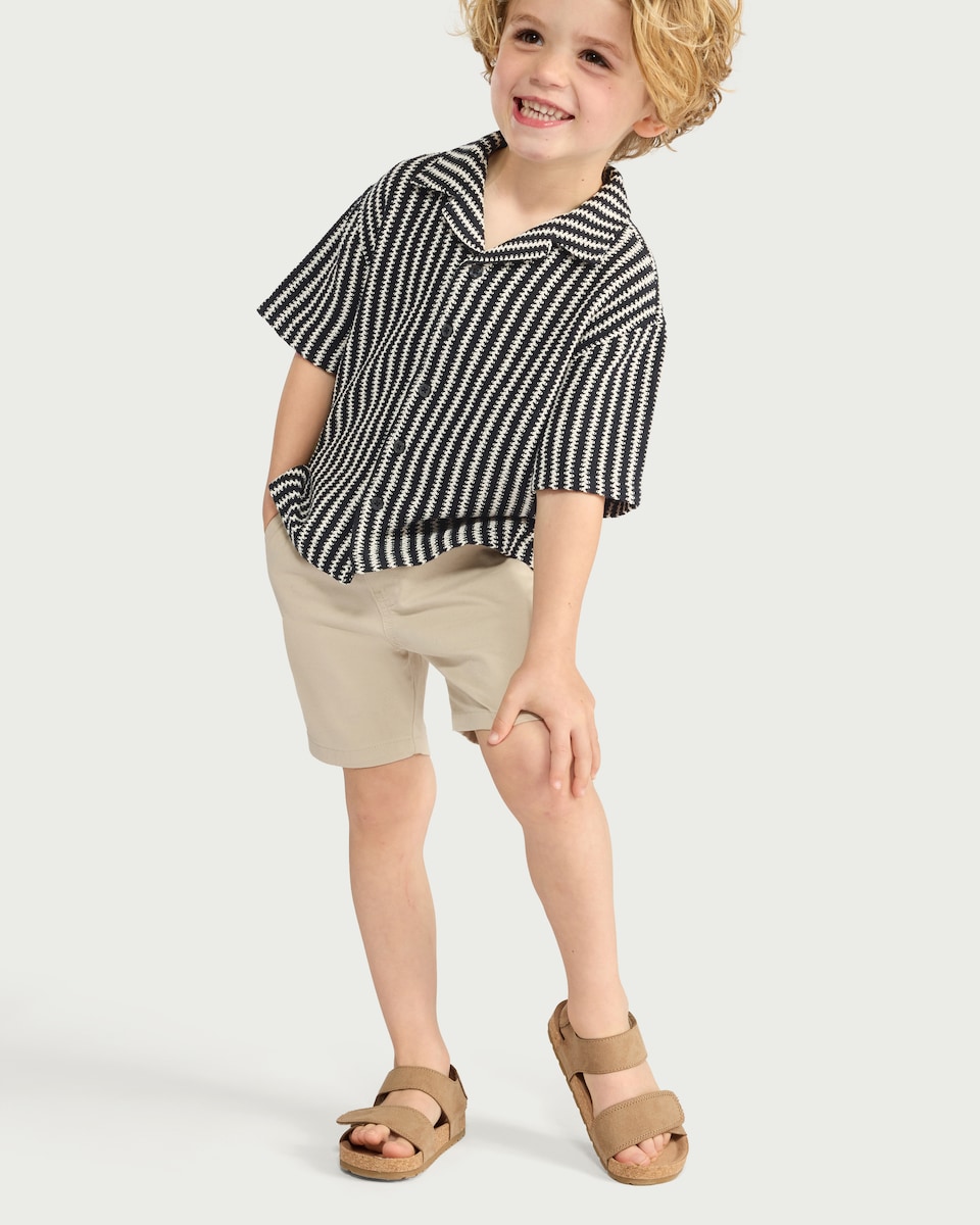 image 1 of F&F Boys Cotton Rich Striped Button-Up Shirt in Multi Black White