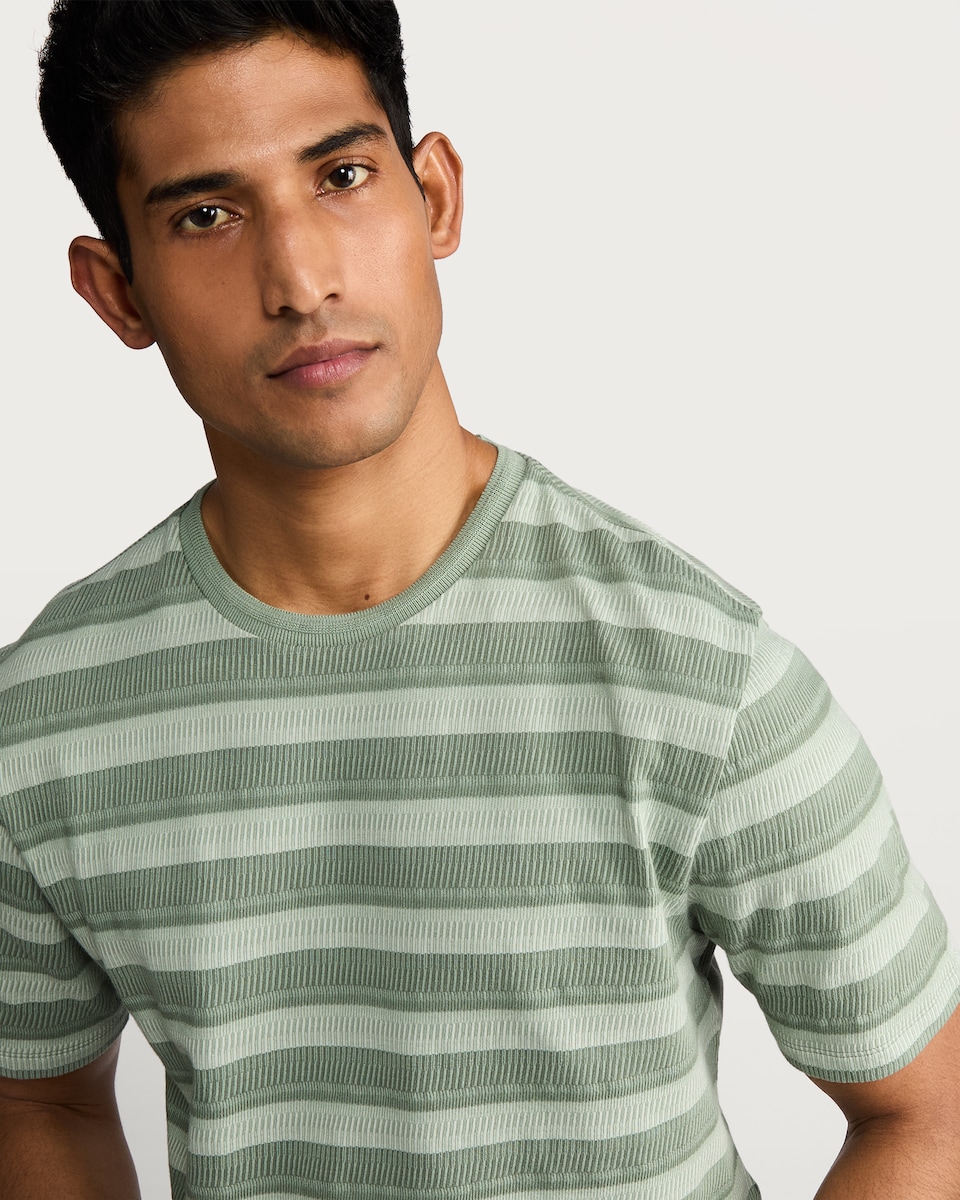 image 1 of F&F Pure Cotton Stripe Ribbed T-Shirt in Green