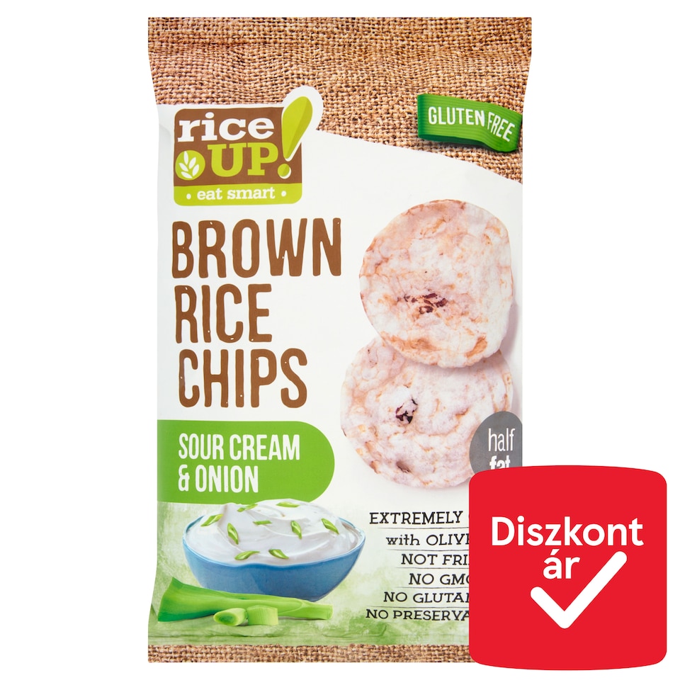 RiceUp! Eat Smart teljes kiőrlésű barna rizs chips hagymás-tejfölös ízesítéssel 60 g  1. kép