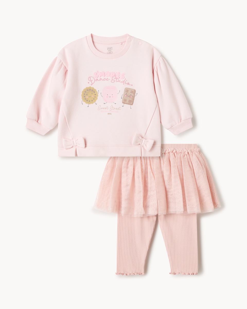 image 1 of F&F Baby Embroidered Sweatshirt and Tutu Leggings Set in Pink
