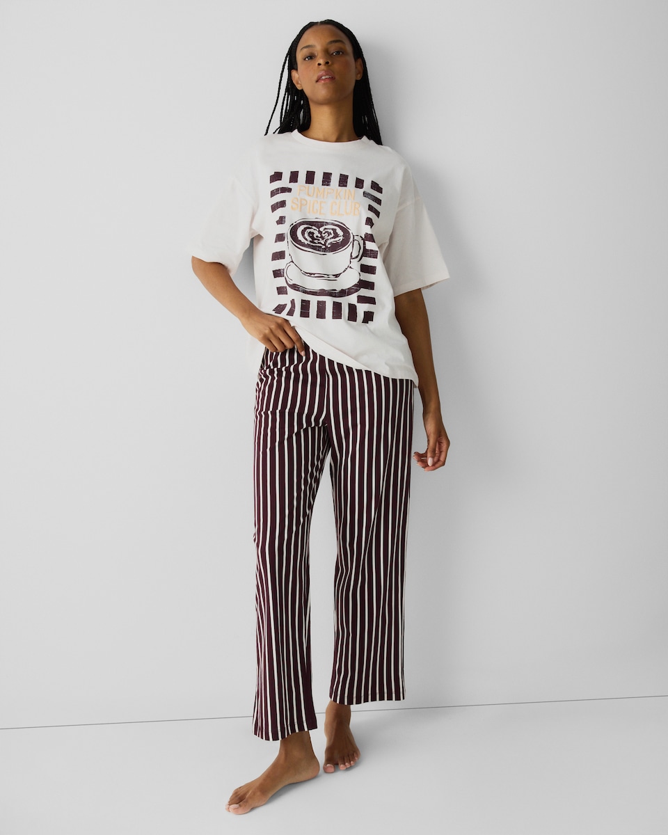 image 1 of F&F Pure Cotton Pumpkin Spiced Latte Pyjama Set in Cream