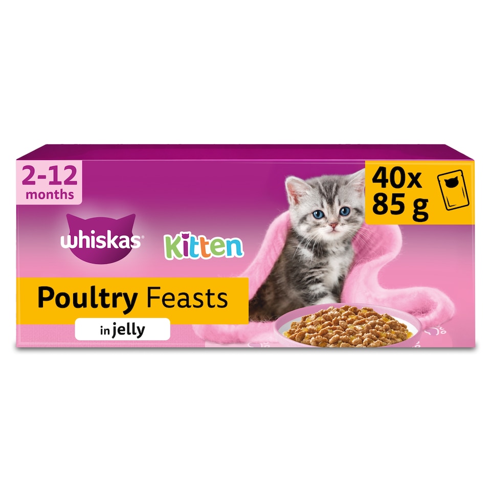 image 1 of Whiskas Kitten Wet Cat Food Pouches Poultry Feasts in Jelly 40x85g