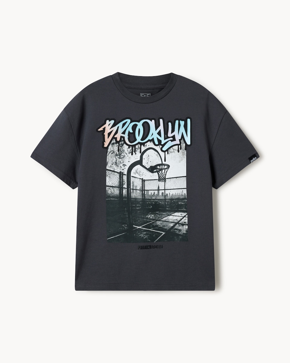 image 1 of F&F Boys Pure Cotton Brooklyn T-Shirt in Grey