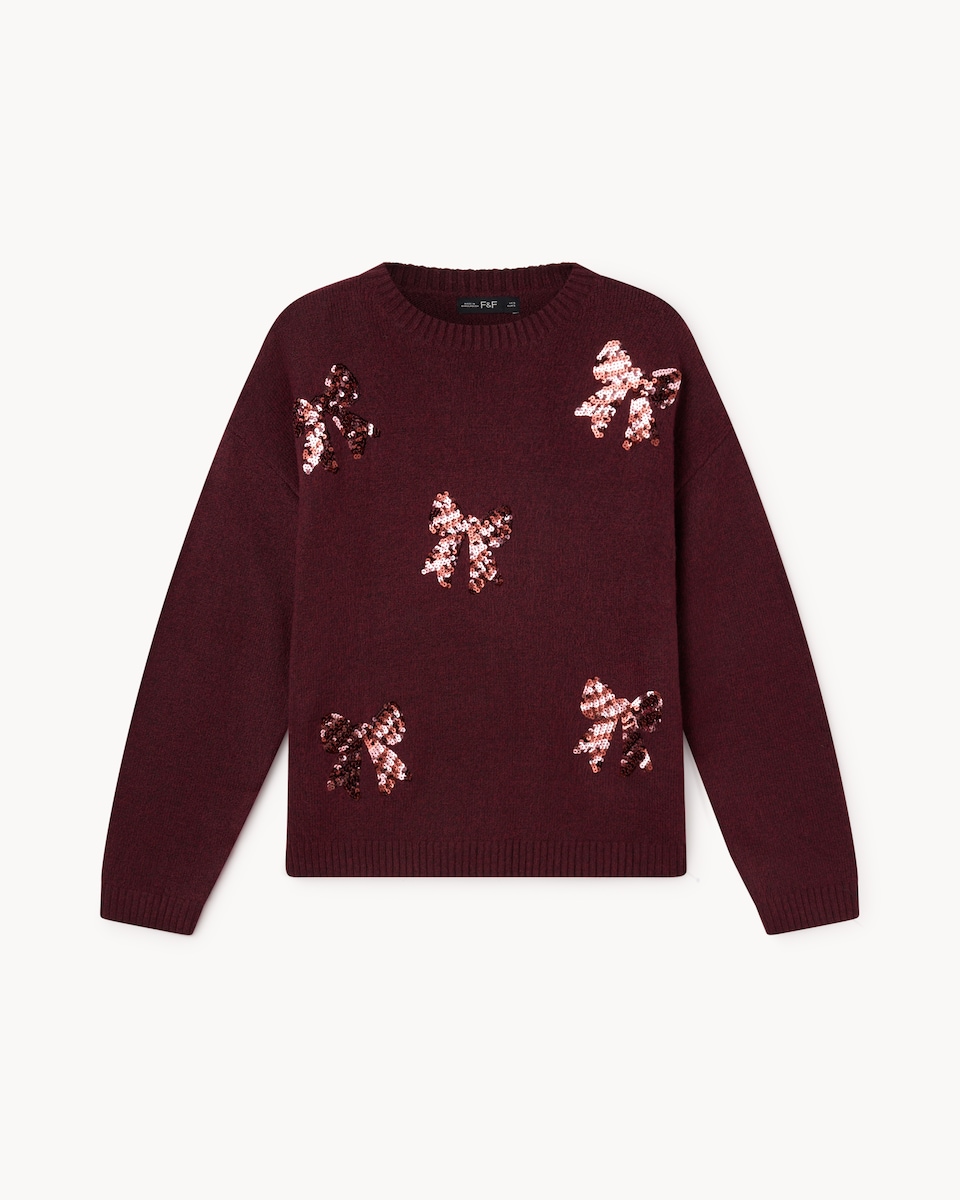 image 1 of F&F Sequin Bow Jumper in Burgundy