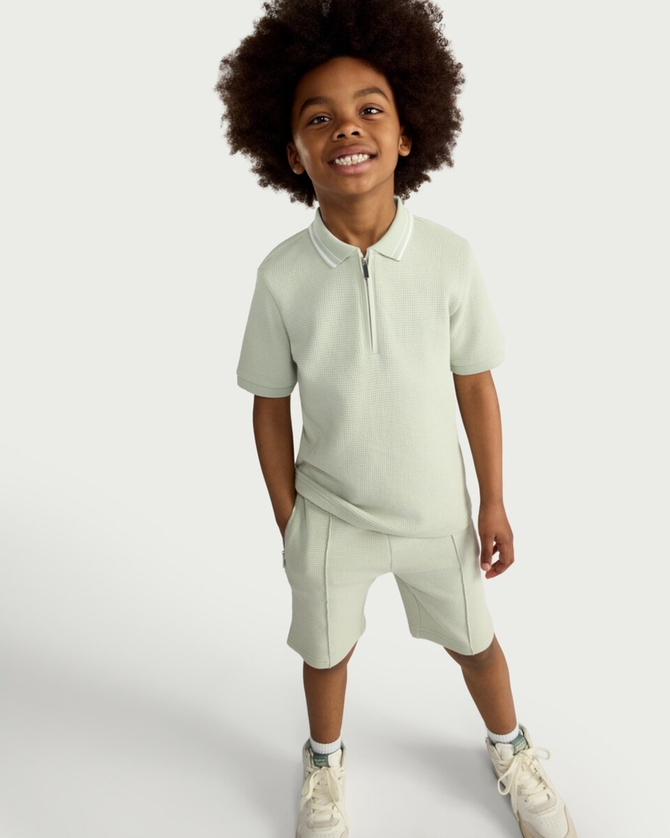 image 1 of F&F Boys 2-Piece Cotton Rich Textured Polo Shirt and Shorts Set in Mint
