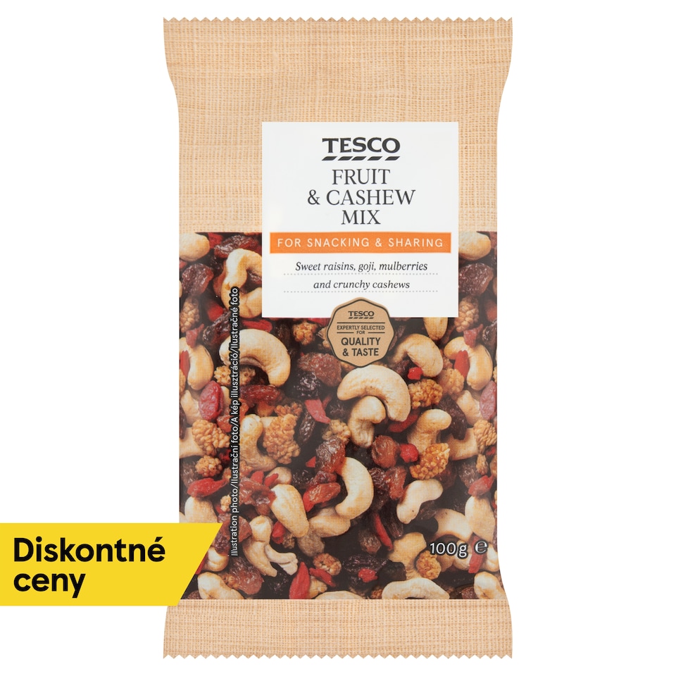 Tesco Zmes kešu orechov, hrozienok, sušených plodov kustovnice čínskej a moruše bielej 100 g