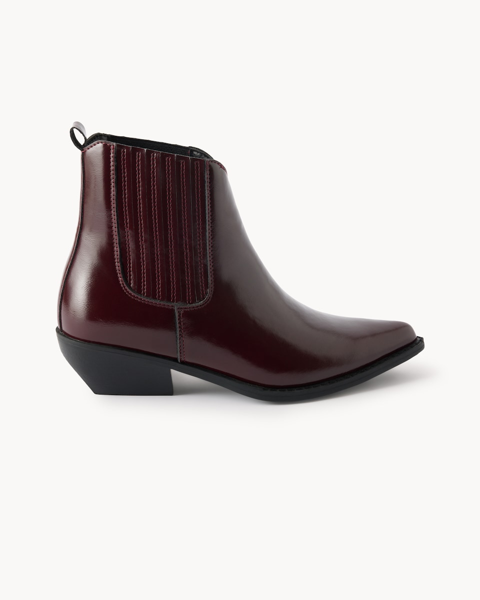 image 1 of F&F Faux Leather Western Block Heeled Ankle Boots in Burgundy