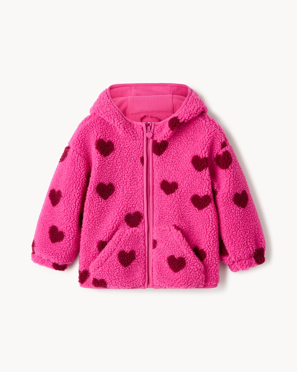 image 1 of F&F Girls Borg Heart Hooded Jacket in Pink