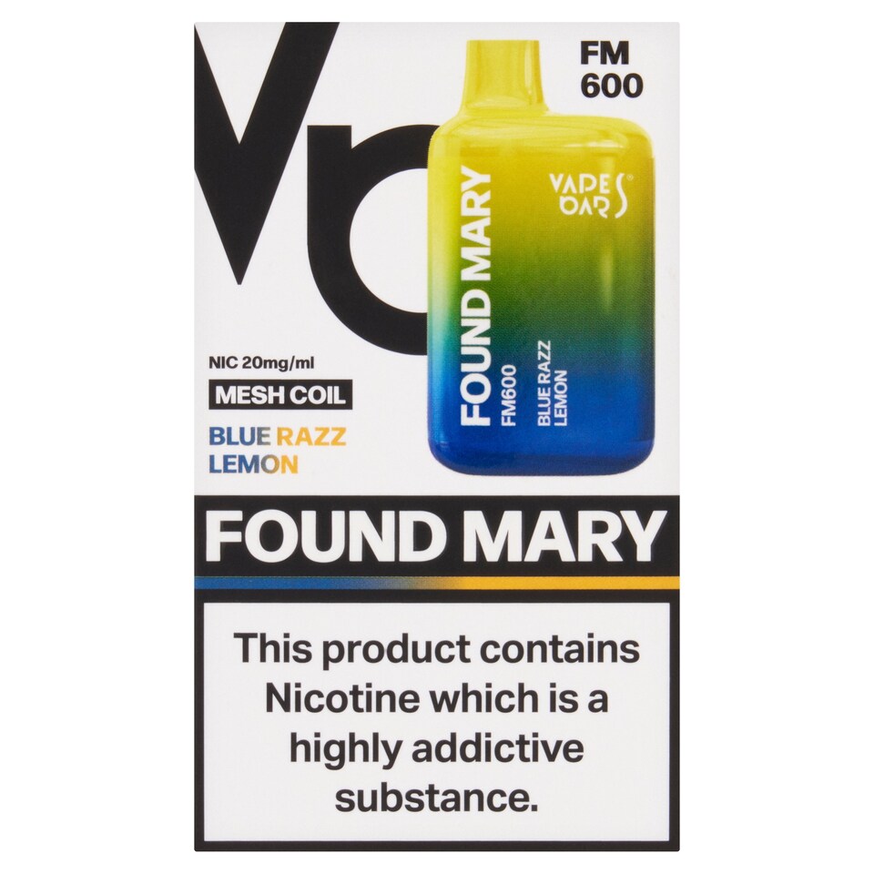 Found Mary Fm600 Disposable Vape Bar Lemon 20Mg/Ml 2Ml Tesco Groceries