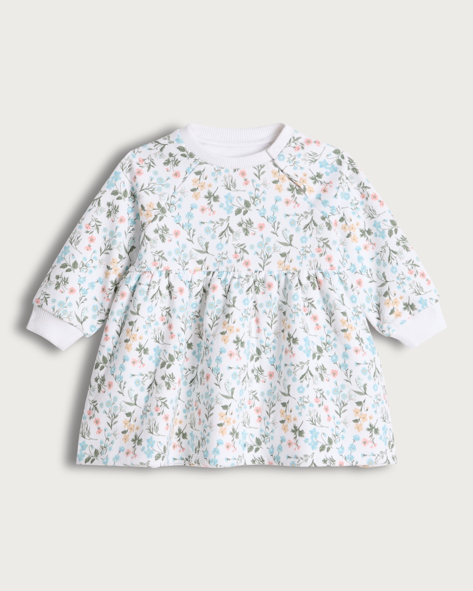 image 1 of F&F Baby Cotton Rich Floral Print Long Sleeved Sweater Dress in Cream