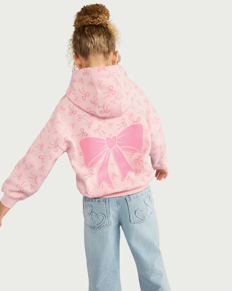 image 1 of F&F Girls Cotton Rich Bow Print Hoodie in Pink