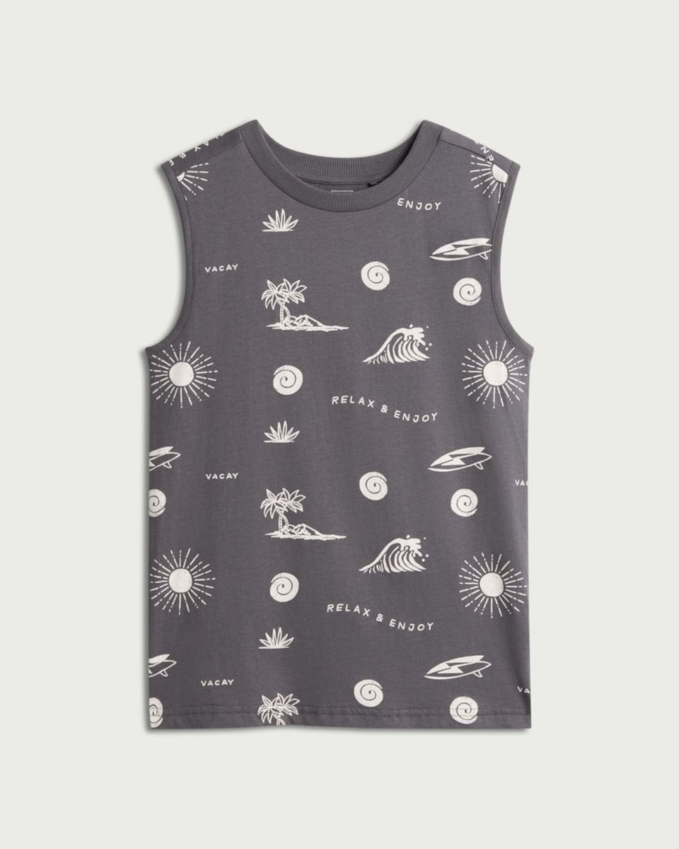 image 1 of F&F Boys Pure Cotton Printed Oversized Fit Vest in Grey