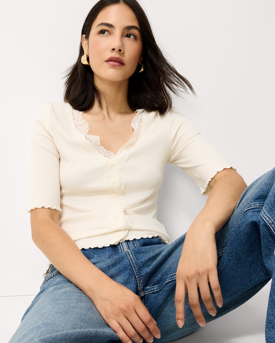 image 1 of The F&F Edit Lace Trim Button Up Top in Cream