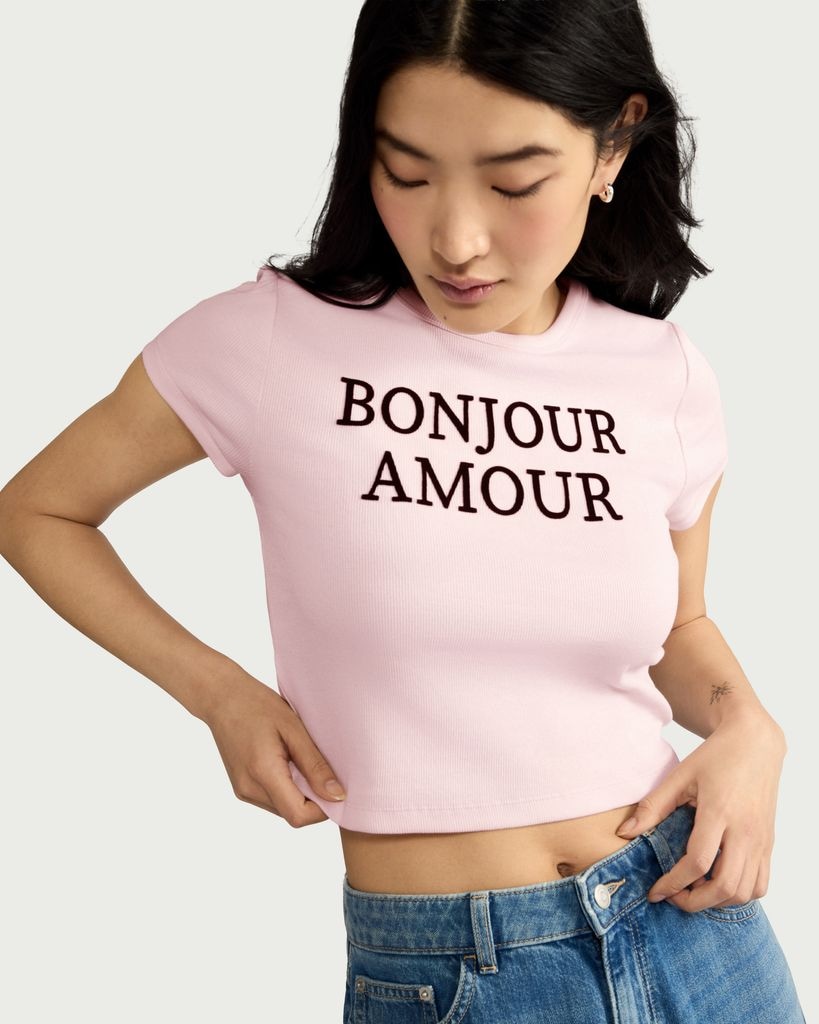 F&F Cotton Rich Bonjour Amour Slogan Cropped T-Shirt in Pink