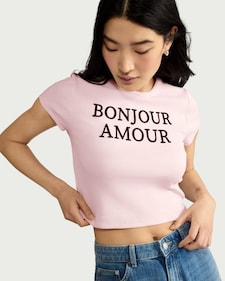F&F Cotton Rich Bonjour Amour Slogan Cropped T-Shirt in Pink