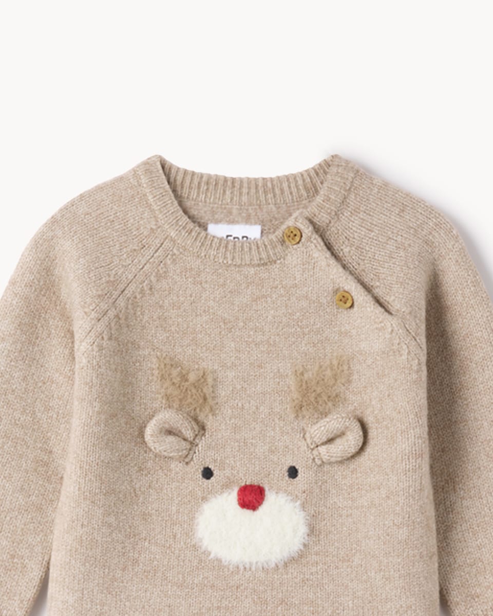 image 1 of Christmas Baby Reindeer Jumper and Trousers Set in Brown